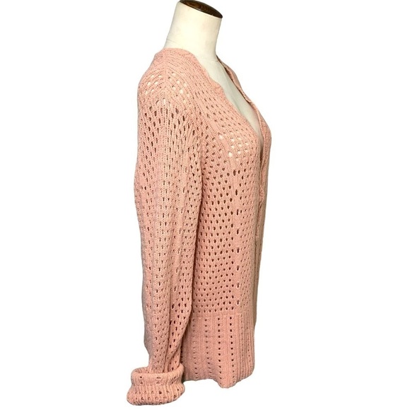 Marled Pink Crochet Knit Cardigan Sweater Scallop Trim Sz L Cottage Boho - Picture 3 of 9